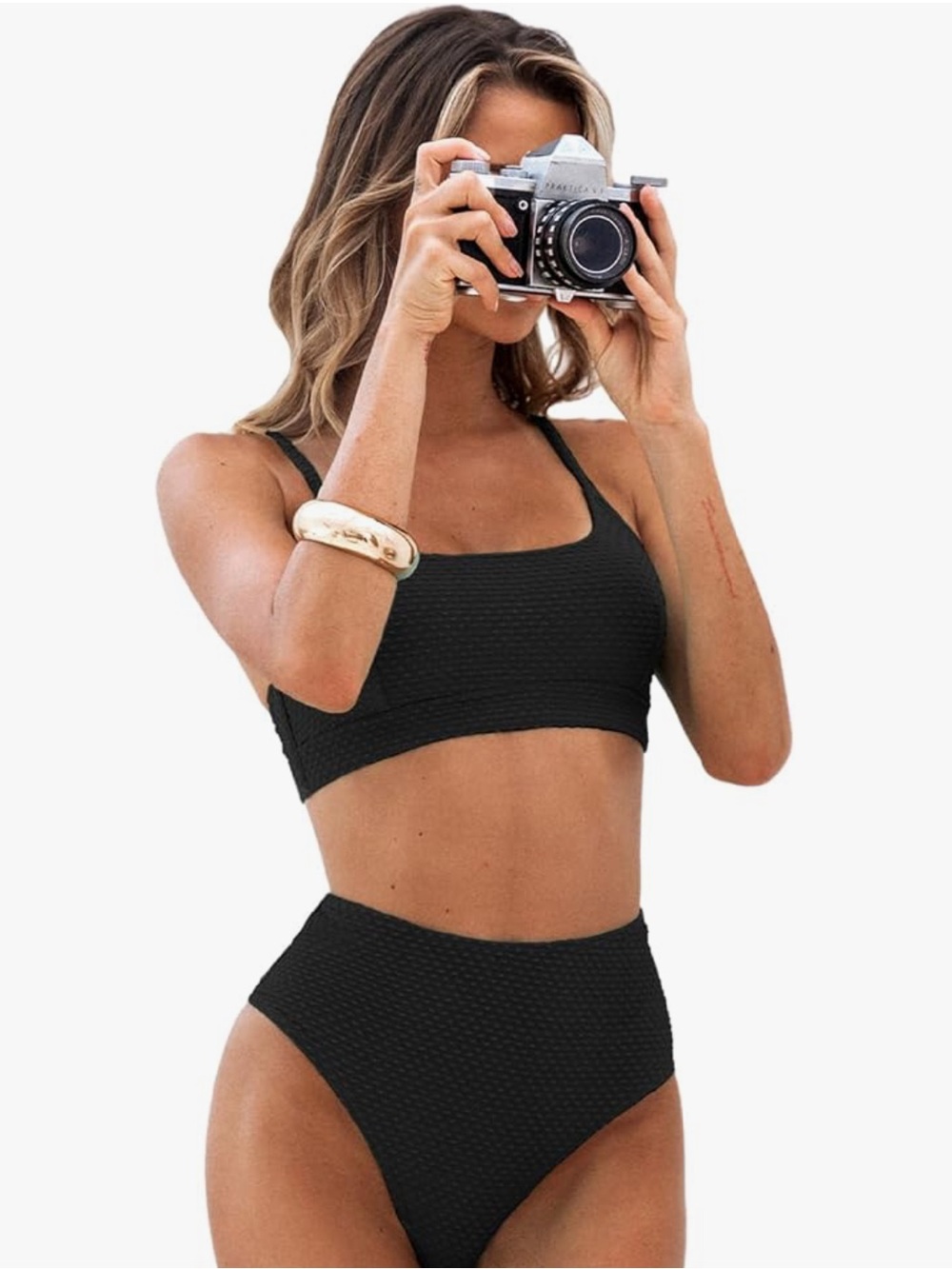 NWT Black Texture High Waisted Bikini Sets Ribbed Scoop Neck Bathing Suit